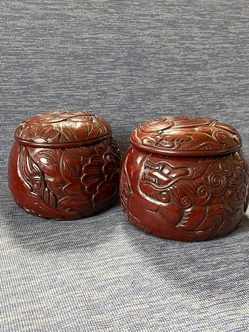 ハンドメイド　碁器　獅子牡丹　鎌倉彫　木星　漆塗り