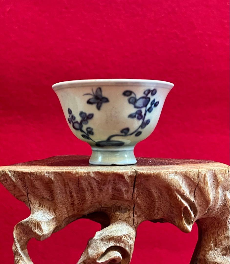 中国美術 古玩 成化年製 青花 花鳥蝶々紋樣 茶器 茶道具 古道具