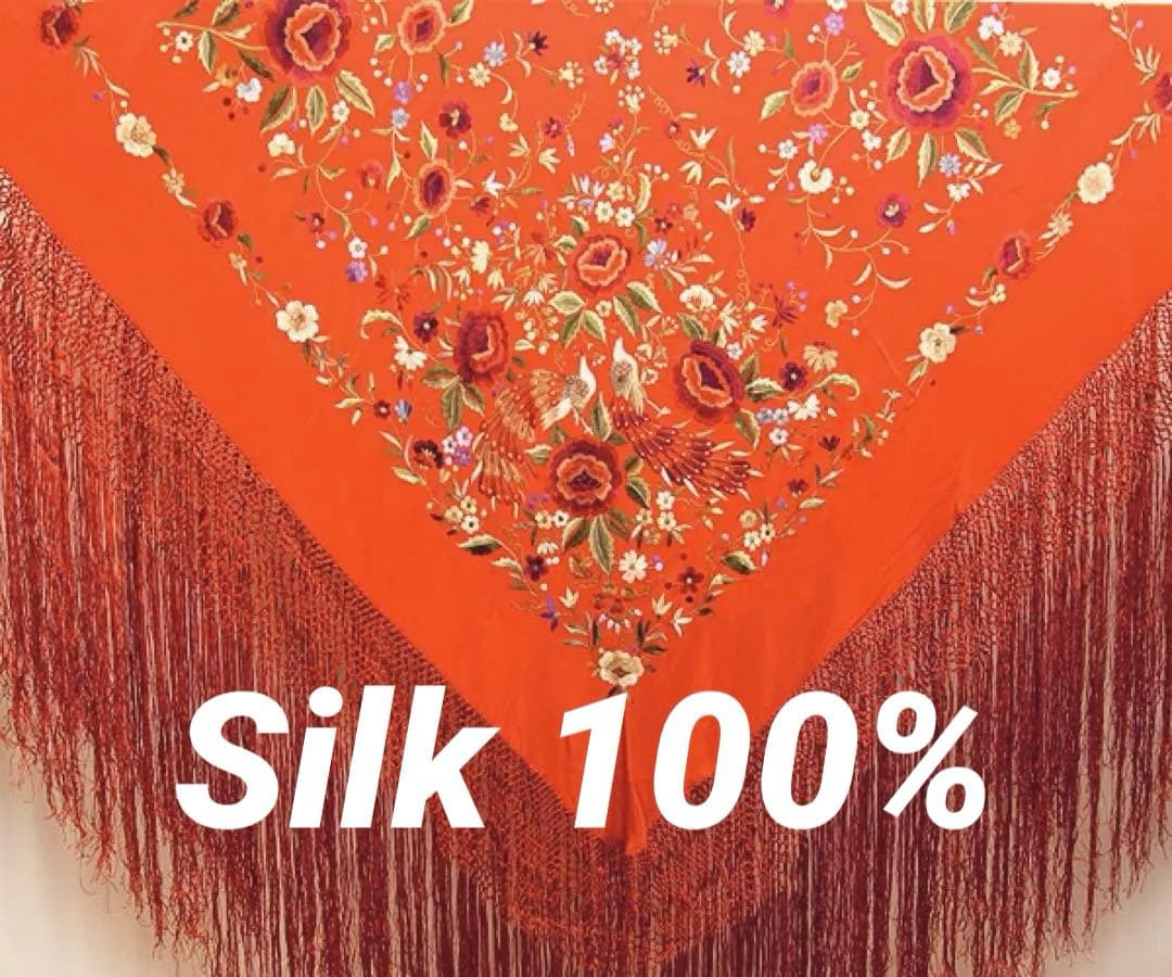 [新品] 【特価品】シルク製高級マントン・オレンジ地x赤・カラー刺繍