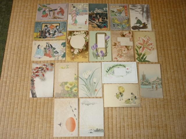 明治後期から大正◆浮世絵柄、花柄、風景他 絵葉書計19枚(エンボス加工、木版画他