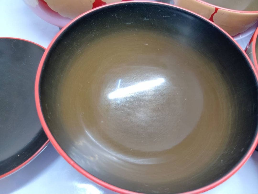 骨董 能登輪島塗 朱漆内黒 芙蓉花蒔絵 お椀 5客 レトロ アンティーク