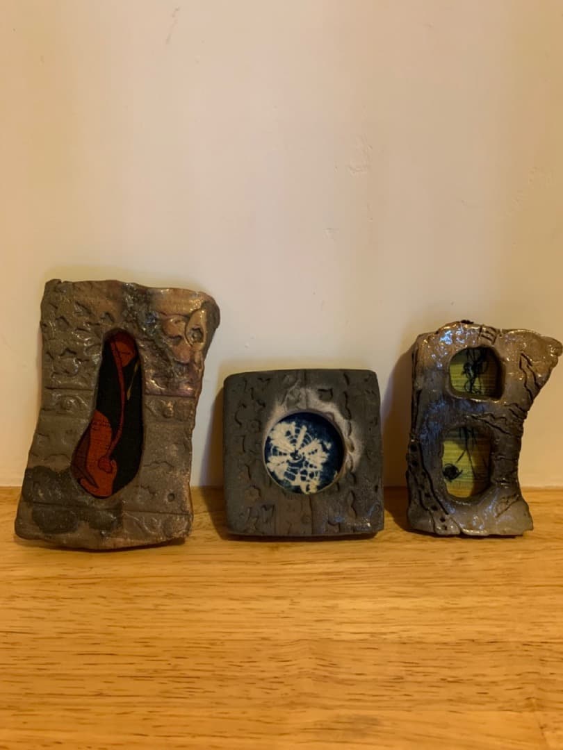 古布17　3点セット　額　信楽焼　陶製　アート　美術品　壁掛け