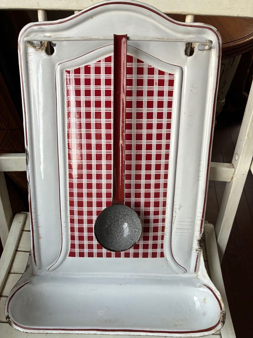 フランス　アンティーク　ホーロー　レードルラック　BB社　チェック　レードル付き