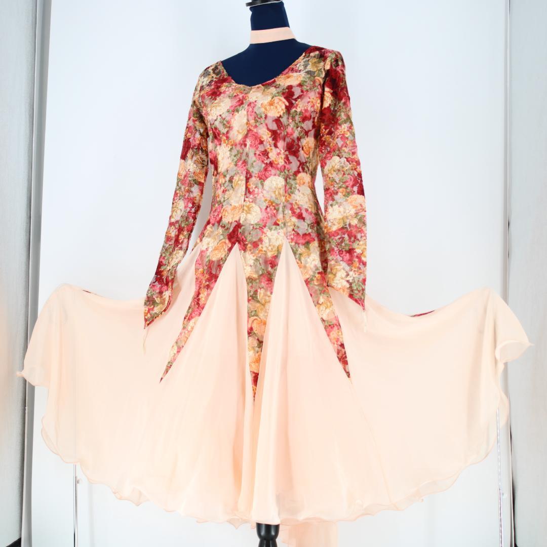 【社交ダンス衣装】ピンク パープル ワンピース ドレス レース チョーカー 花柄