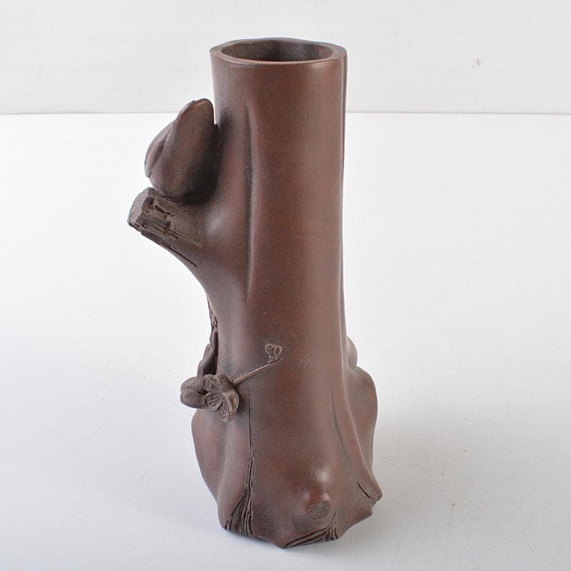 中国　紫砂　朱泥　梅に鳥彫　花瓶　在銘　V　R6449