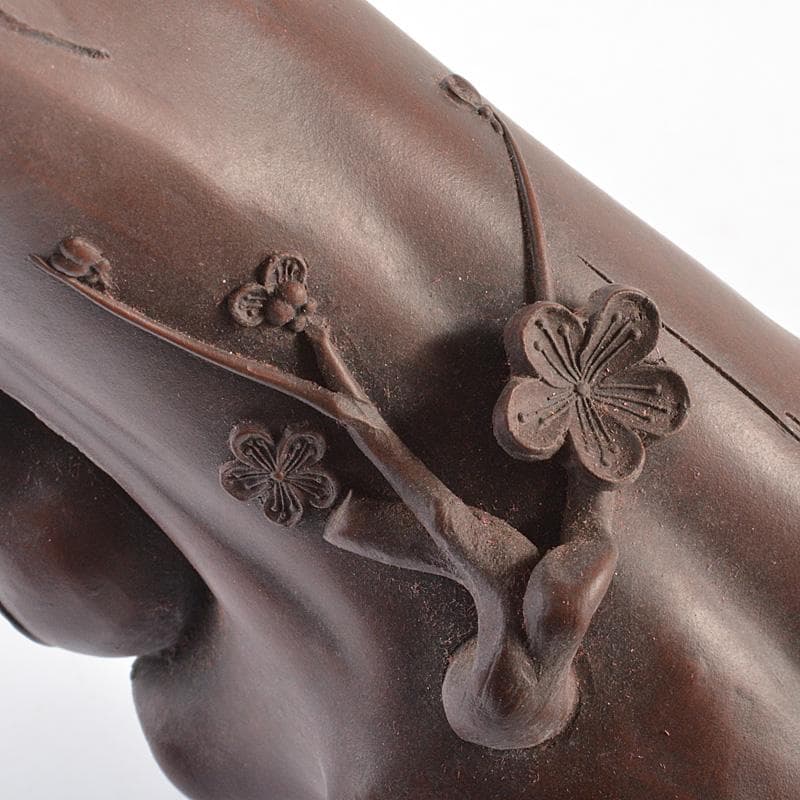 中国　紫砂　朱泥　梅に鳥彫　花瓶　在銘　V　R6449