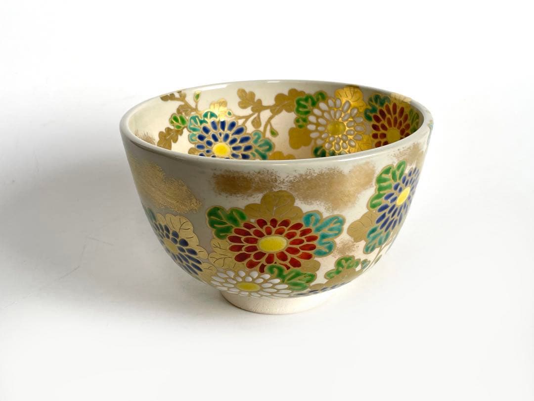 陶芸家　淡海　膳所　陽炎園　ぜぜ　色絵菊茶碗　抹茶碗　共箱