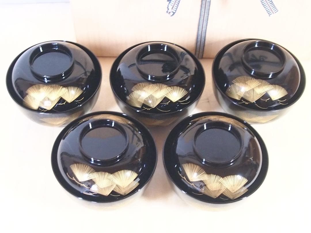 【未使用】輪島塗 五島屋謹製 西岡勇人作 寿松沈金 煮物椀 5客 雑煮椀/大椀