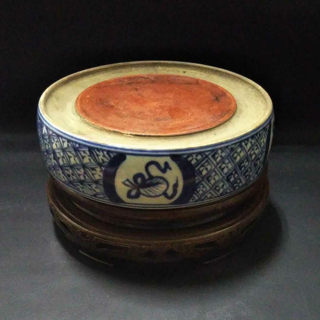 ※中国古美術/青花吉祥文円形硯/