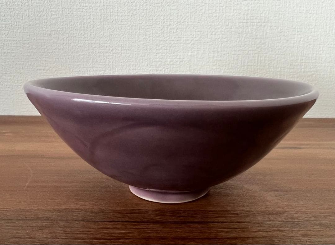 天神窯 紫欣釉茶碗 岡本欣三 作 茶道具 箱有 共布有 藤紫色 希少