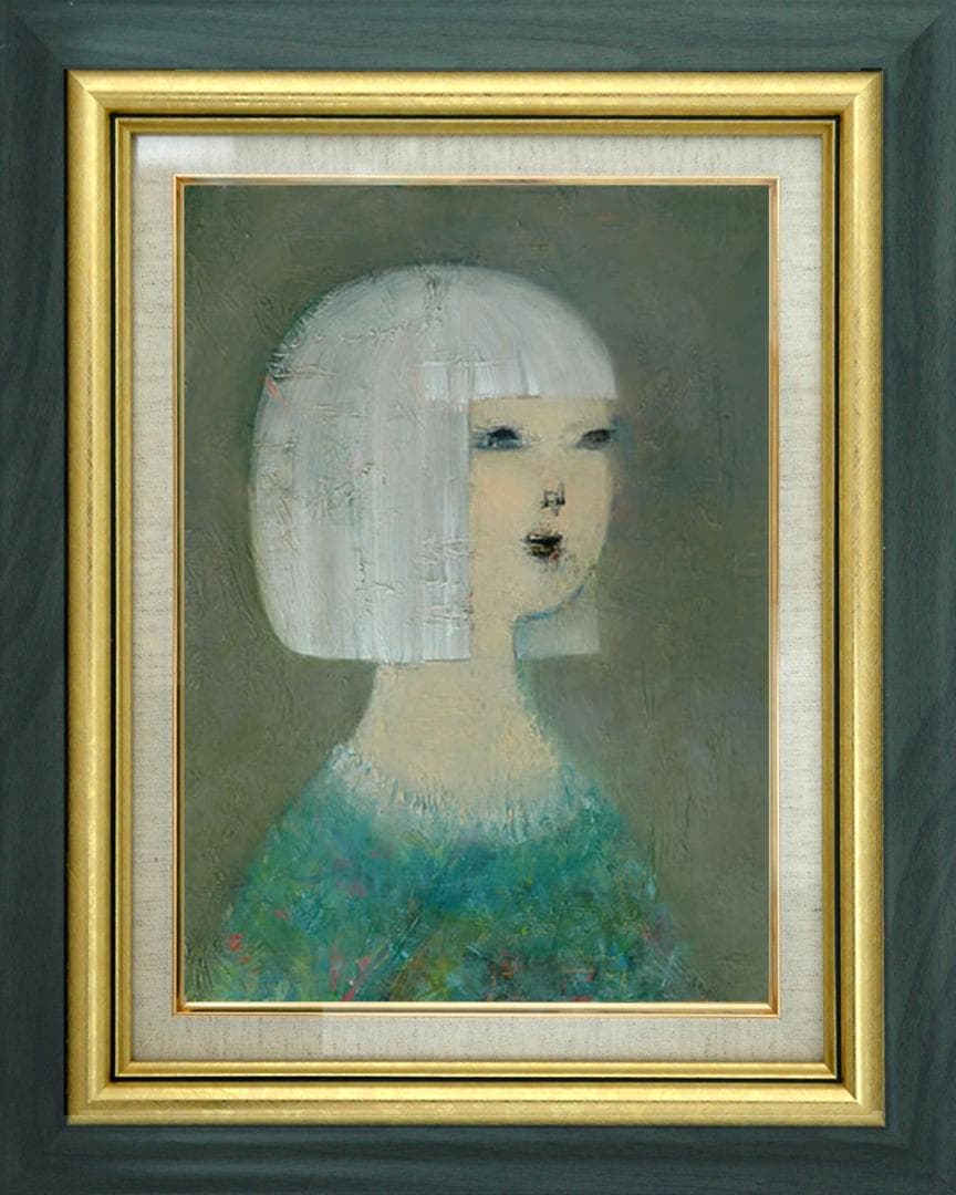 油絵 菅家令子 絵 絵画インテリア額付(青緑＋金色の枠) F4-071112女性