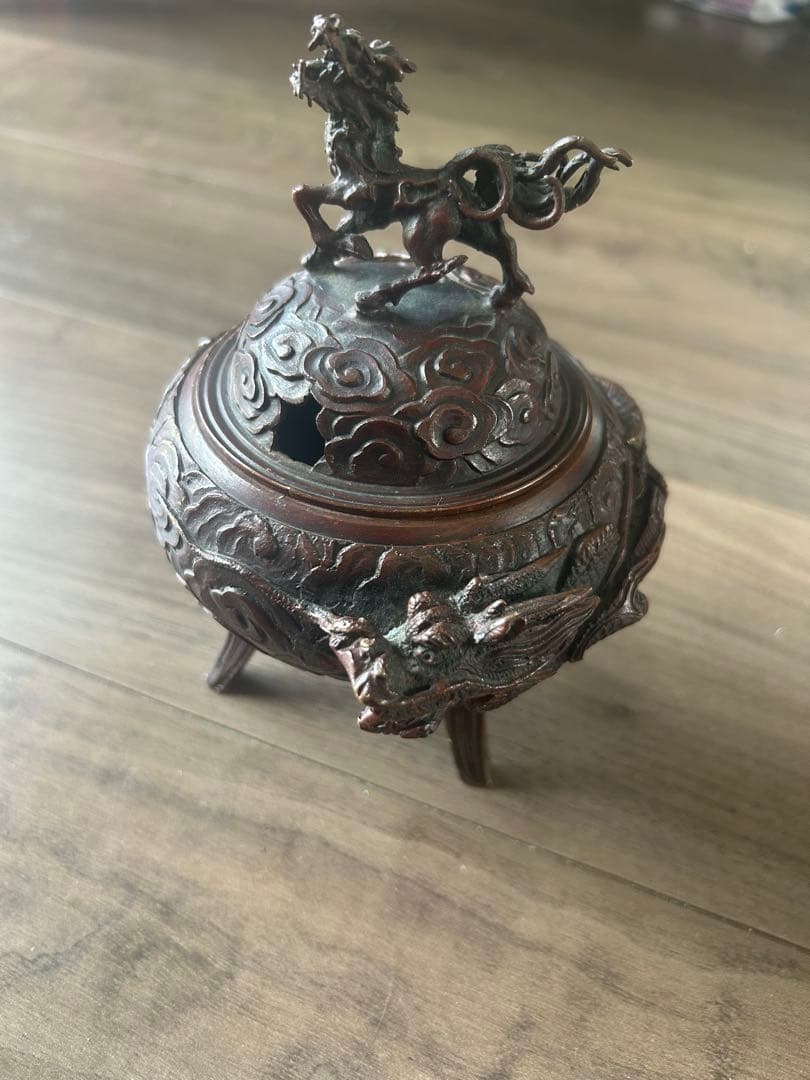 米田秀保 造 鋳銅製 蝋型 麒麟摘 雲龍地文細密彫 三足香炉 茶道具 香道具
