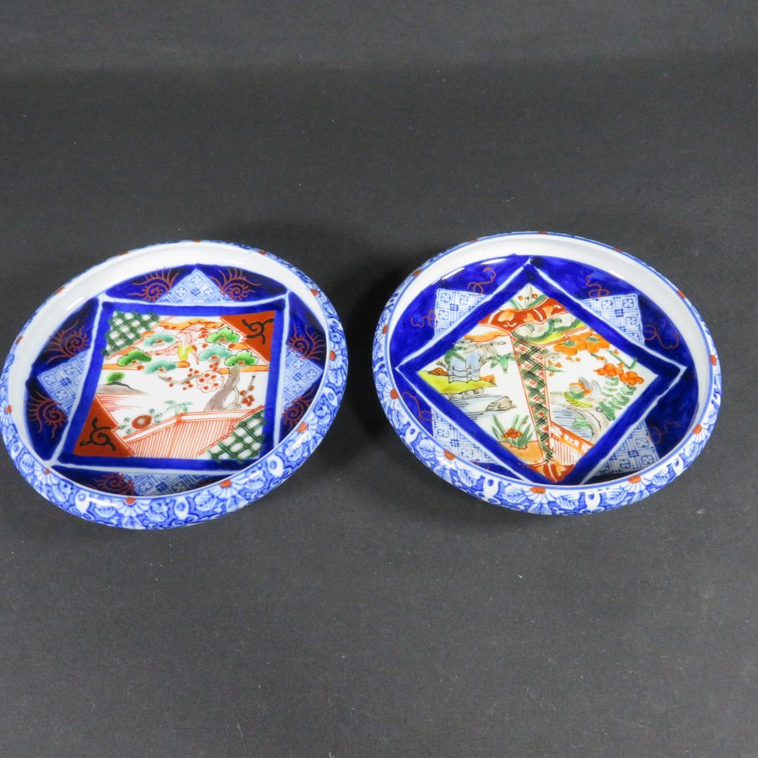 皿 2枚 色絵 古伊万里 変わり縁 鳥 風景 竹 梅