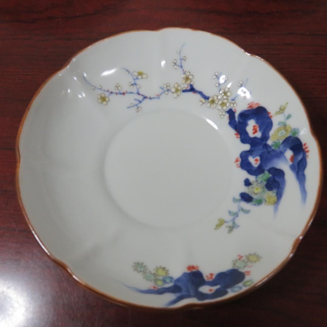小皿 3枚 梅文様 花弁縁 染付 色絵付 茶縁 南州 明治 大正