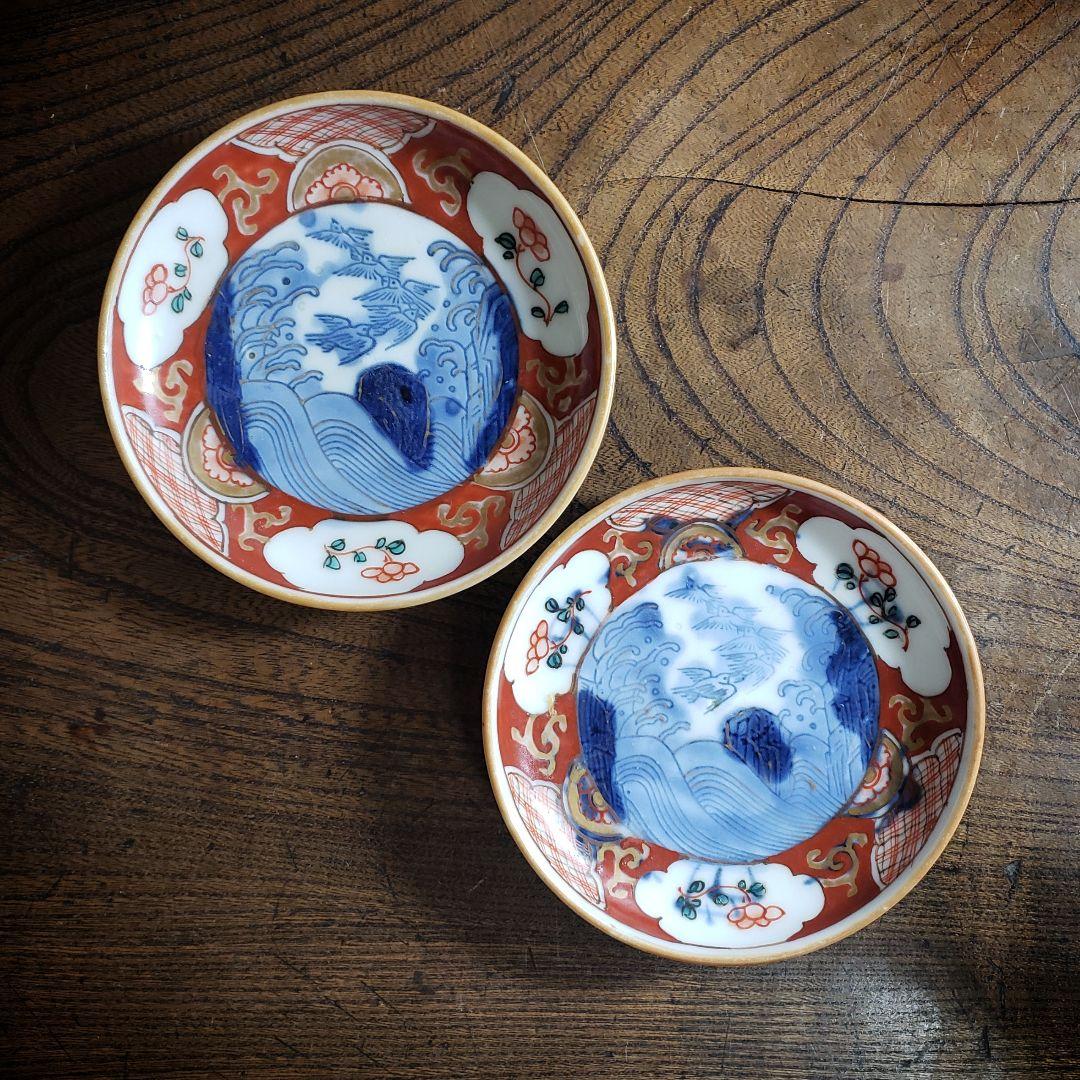 小皿　絵皿　色絵付け　古伊万里　明治　大正　鳥　波　滝　2枚