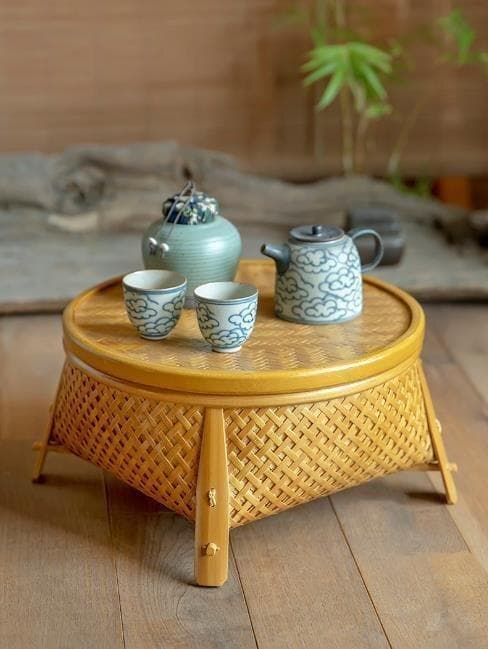 竹製円形茶器トレイ 竹編細工籠 収納する