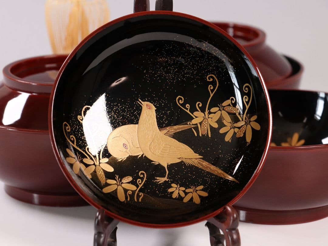 専用10客まとめ CM5 時代 加賀蒔絵 鳥図 溜塗内黒 椀 三客 木製 雉春草