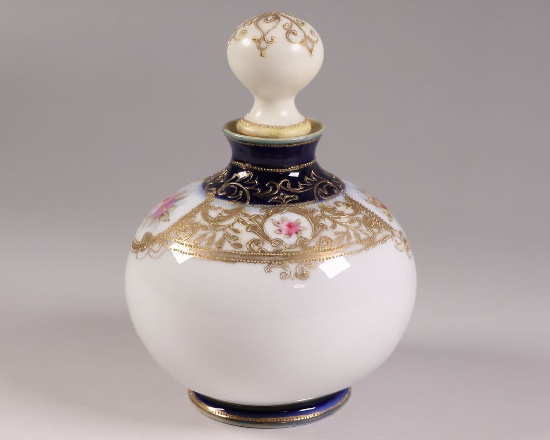 【CM299】オールドノリタケ 花 薔薇 香水瓶 金彩 盛上 パフューム 明治