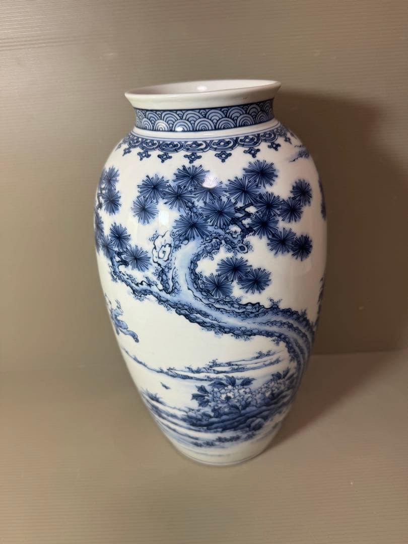 2741 三川内焼　染付唐子図　花瓶　昭和44年　陽山末太郎作