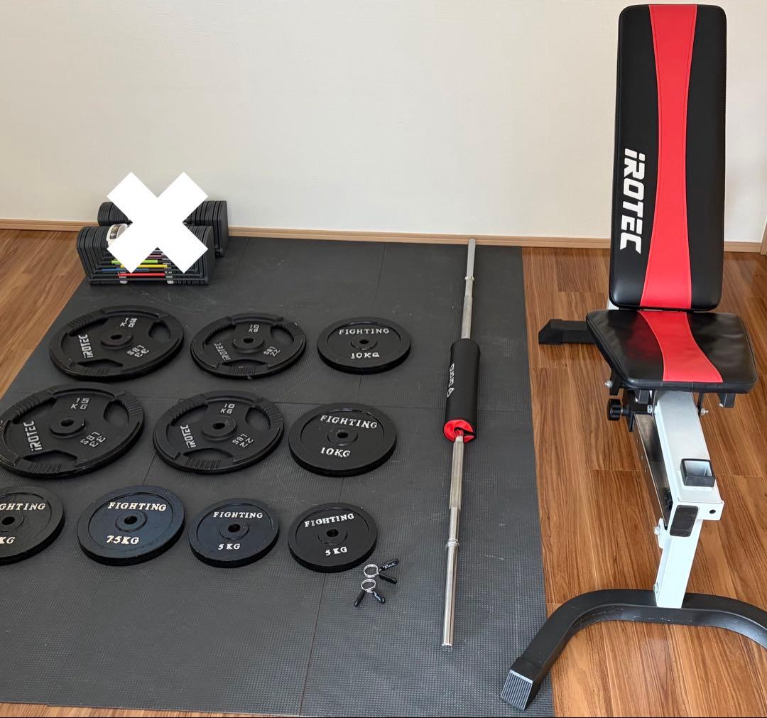 ジム級総重量105kg IROTECバーベル＋トレーニングベンチ付
