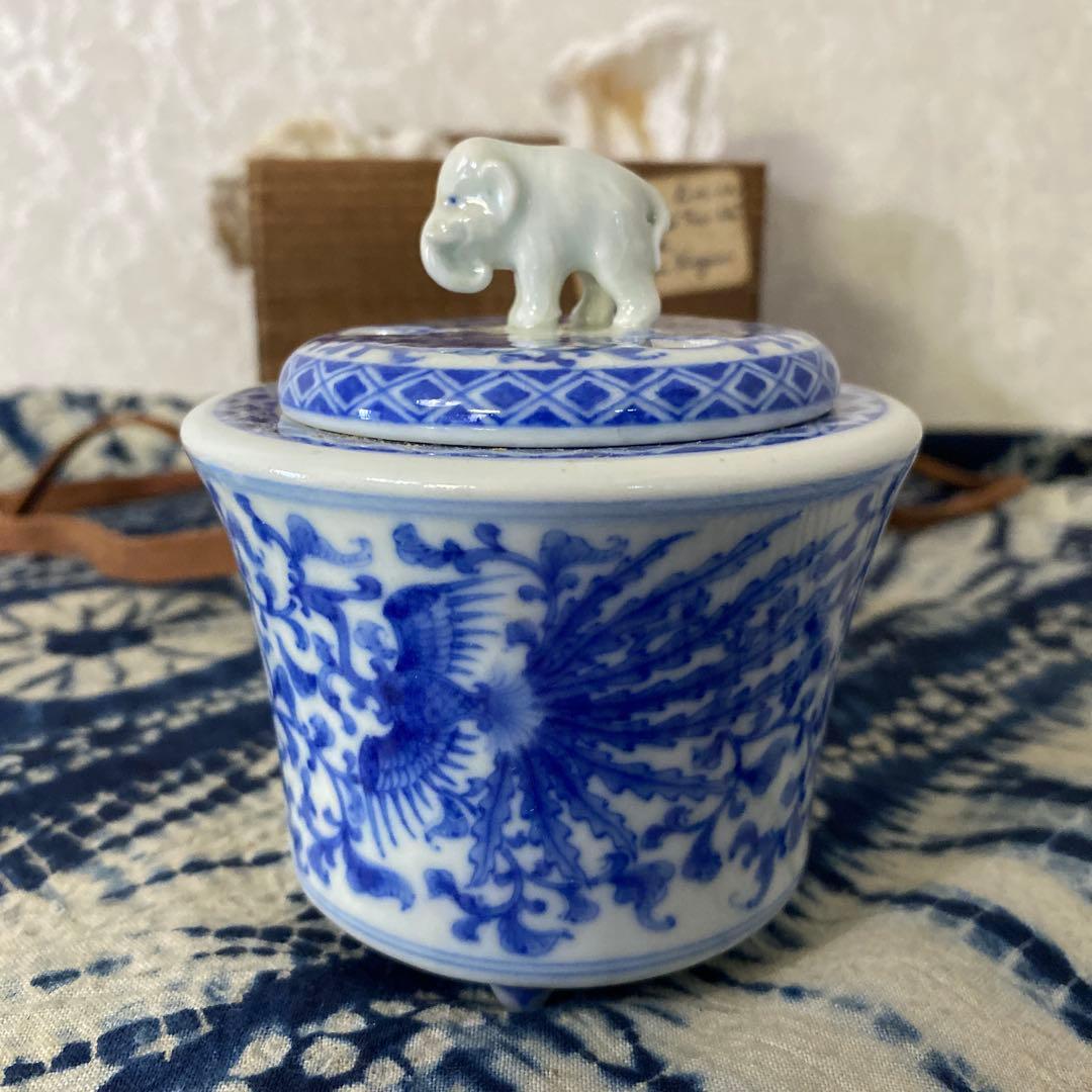 真葛香山　象蓋染付鳳凰香炉