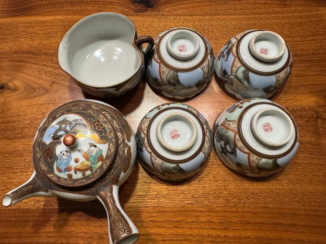 【希少品】大正期　骨董品　古九谷　急須/ 湯冷まし/茶碗4客　青粒模様