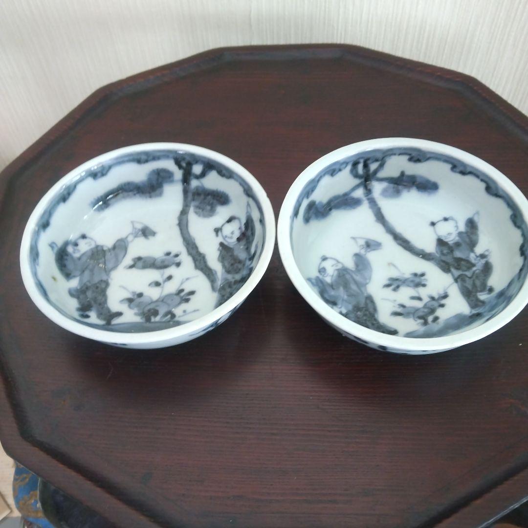 古伊万里 三平皿二点 染付手描き 唐子図柄 上手