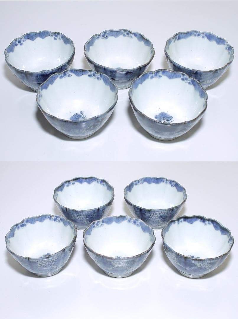 江戸中期 古伊万里 蕎麦猪口 五客揃 [繋ぎ亀甲・鳳凰文]