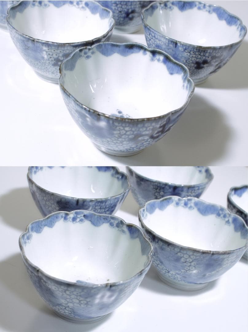 江戸中期 古伊万里 蕎麦猪口 五客揃 [繋ぎ亀甲・鳳凰文]