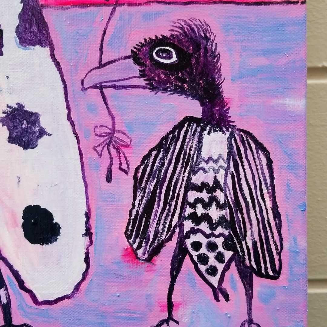 油絵　専用　きれいな鳥のお父さんと子ども