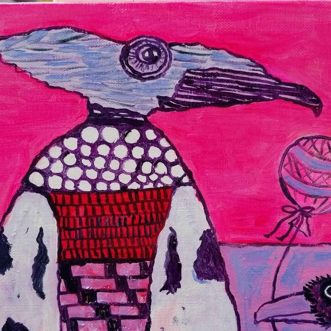 油絵　専用　きれいな鳥のお父さんと子ども