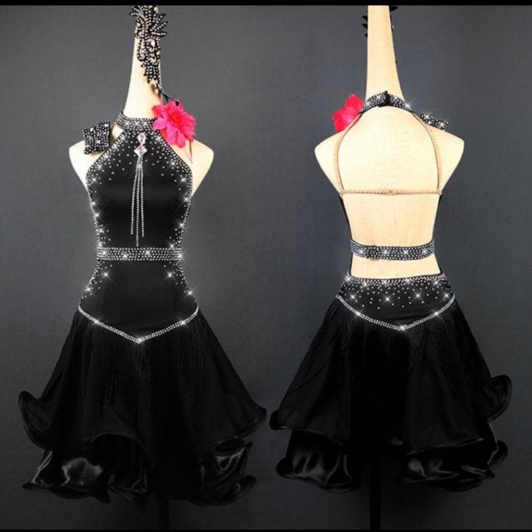 ブラックダンスドレス ハイネック フレアスカート　黒　ラテン