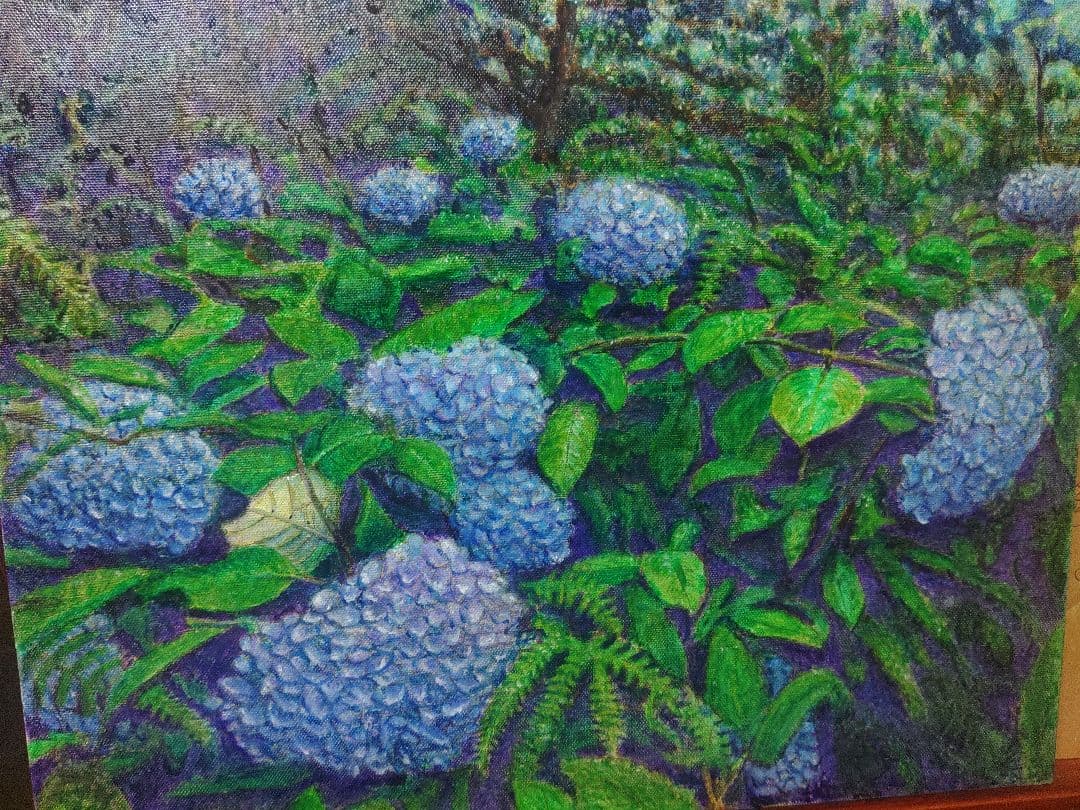 憂鬱を吹き飛ばす!森の中で出会った奇跡の紫陽花、油絵