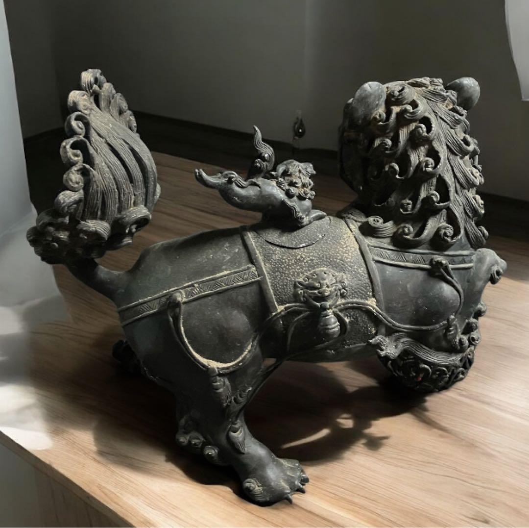 旧家　古い銅製　高炉　獅子　古銅宣徳銅　神獣　魔除　縁起物　彫金　玉獅子