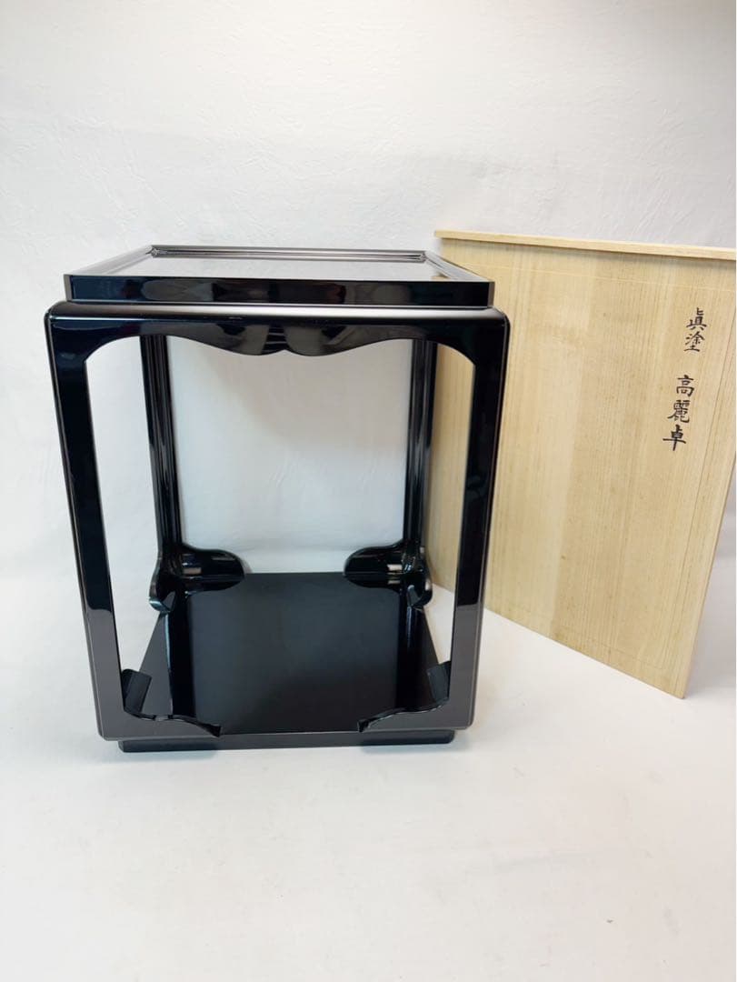 美品 茶道具 木製黒真塗 高麗卓 煎茶道具 茶棚 棚 置棚 水指棚 共箱