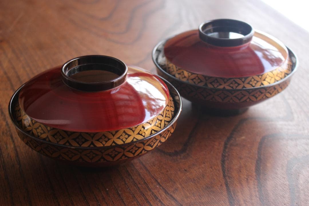 小傷有！極上溜塗に優美な七宝蒔絵の映えるお椀2点（検輪島塗懐石椀蒔絵椀