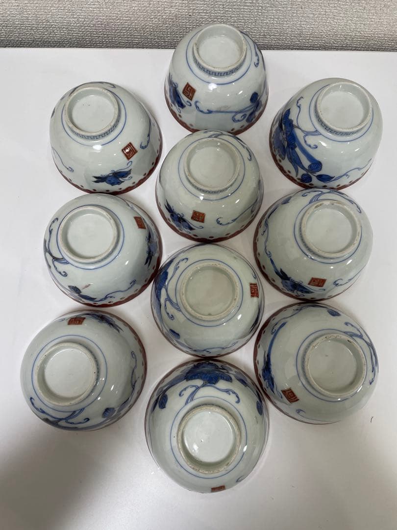 【現状品】古伊万里 染付 蓋付飯碗10客 金彩 蝶 レトロ アンティーク