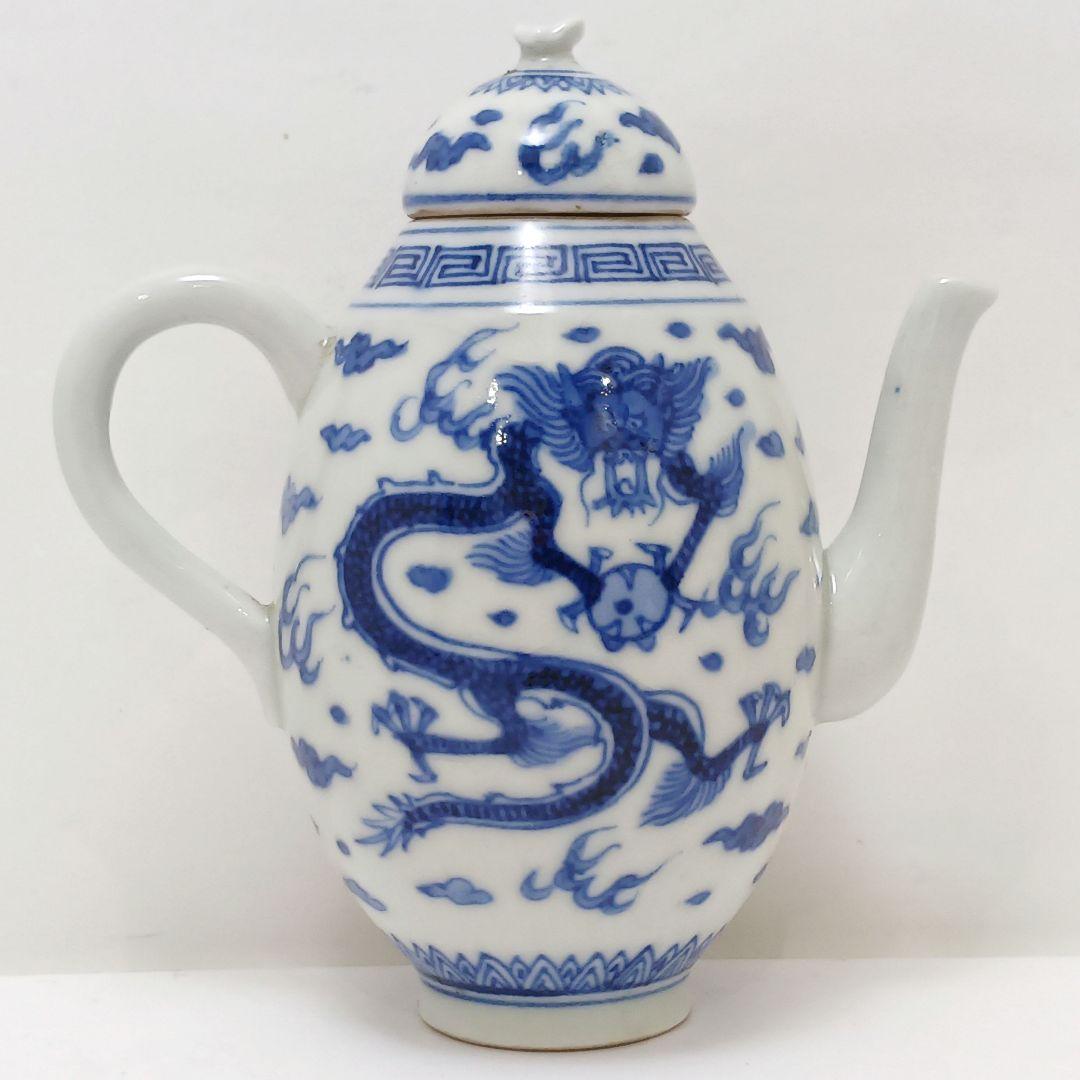 Y2466 清代唐物 新渡 古染付龍細密絵付急須 水注 萬歴年製　ma ten