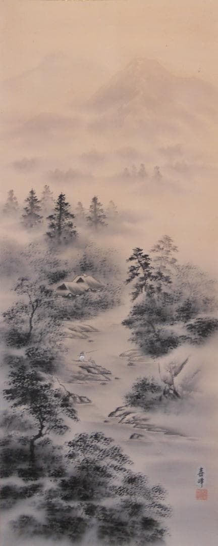 掛け軸 片岡喜峰 水墨山水 絹本 希少 軸装 茶道具 掛軸 共箱 です。