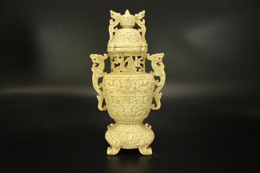 中国美術 砡石 刻 饕餮紋 香炉 置物(ZE575)