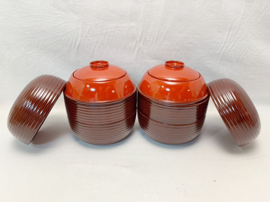 ほぼ未使用 茶道具 木製溜塗 信玄三段弁当 2客揃 千筋 内朱 紙箱