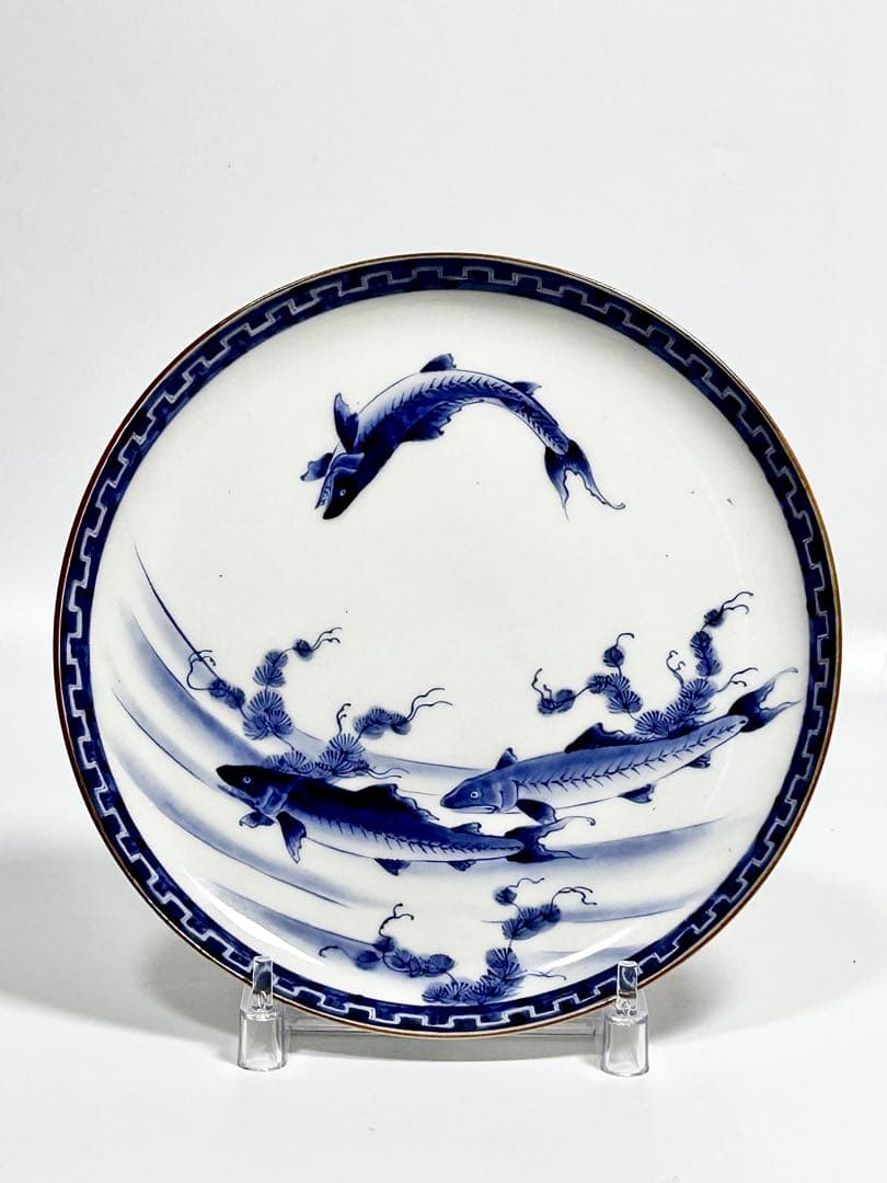 藍柿右衛門様式 鮎尽し図皿 渦福 有田 古伊万里