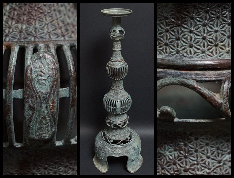 江戸期 古銅鏤空彫燭台 寺院ローソク立て 高さ44.5㎝ 重さ1kg 仏教美術