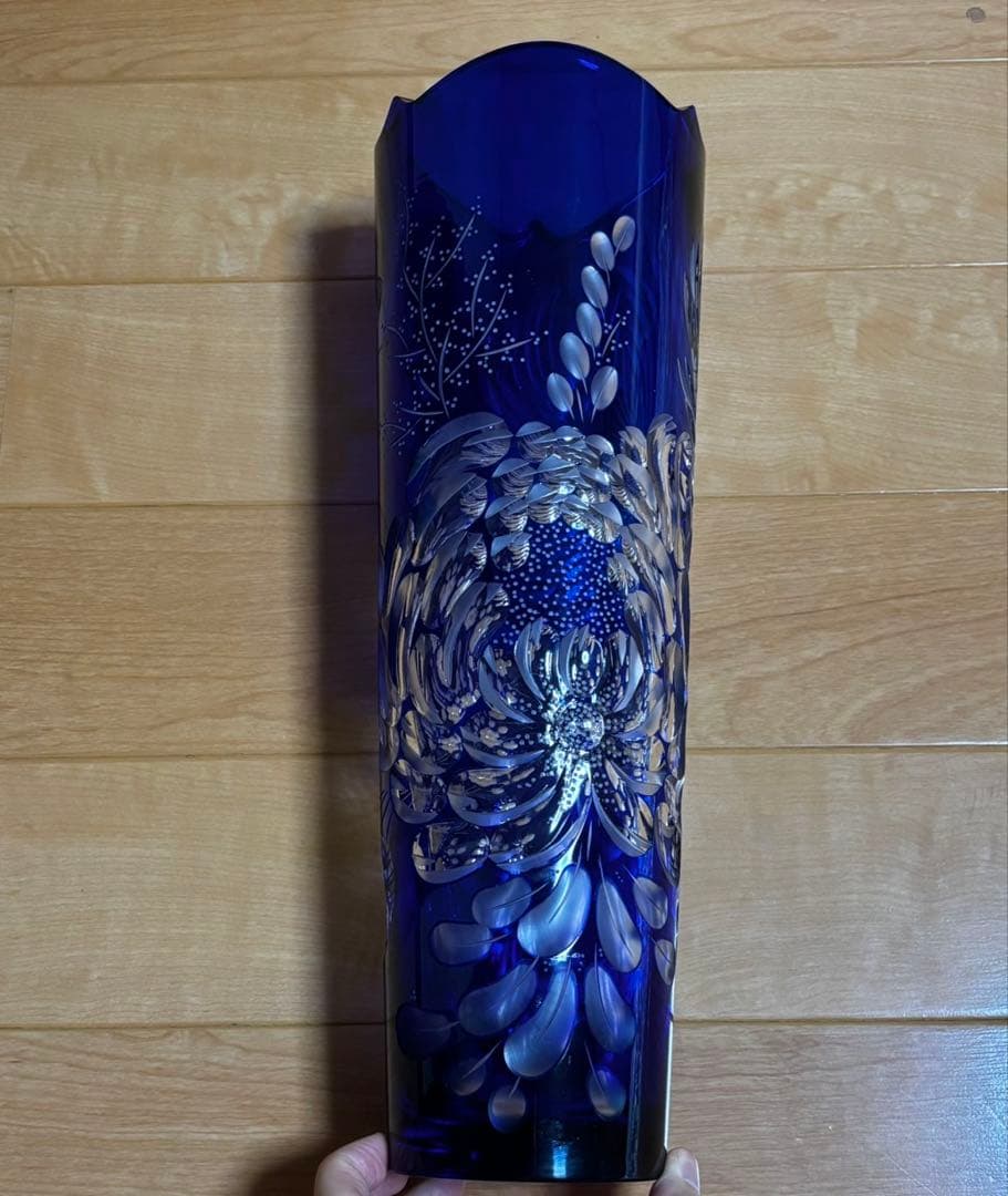 未使用 マイセン クリスタル 花 蝶 青被せ 大型 花瓶 フラワー 37cm