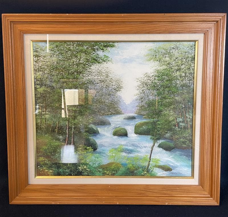 「真作」川田順『渓流(奥入瀬)』風景画　油彩画　額装　サイン有り　F10号