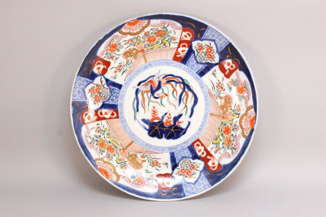 No4436 古伊万里　染錦大皿2点　赤絵　金襴手　鳳凰　花鳥　古美術　送料無料