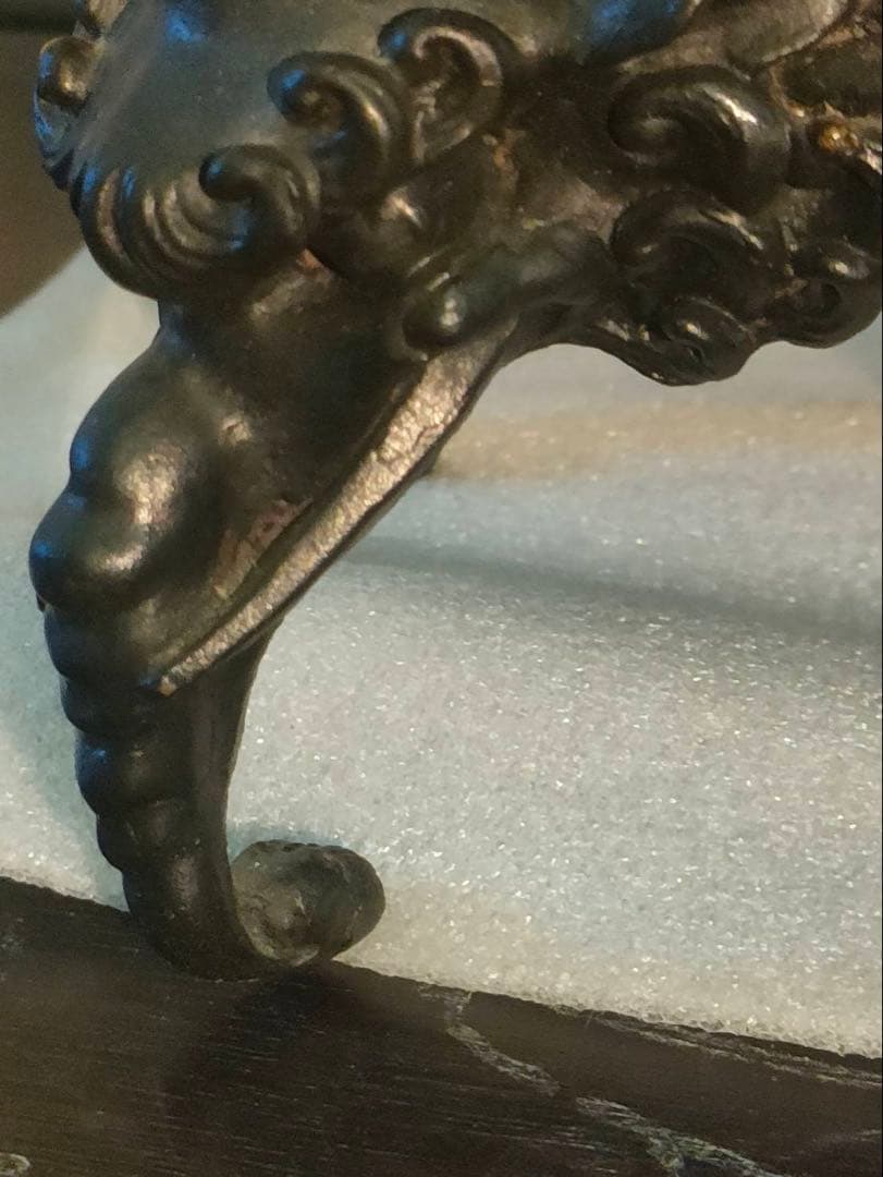 薄端 青銅製 龍双耳 五足 人物花鳥紋 獣足 幅32㎝ 重量約7kg