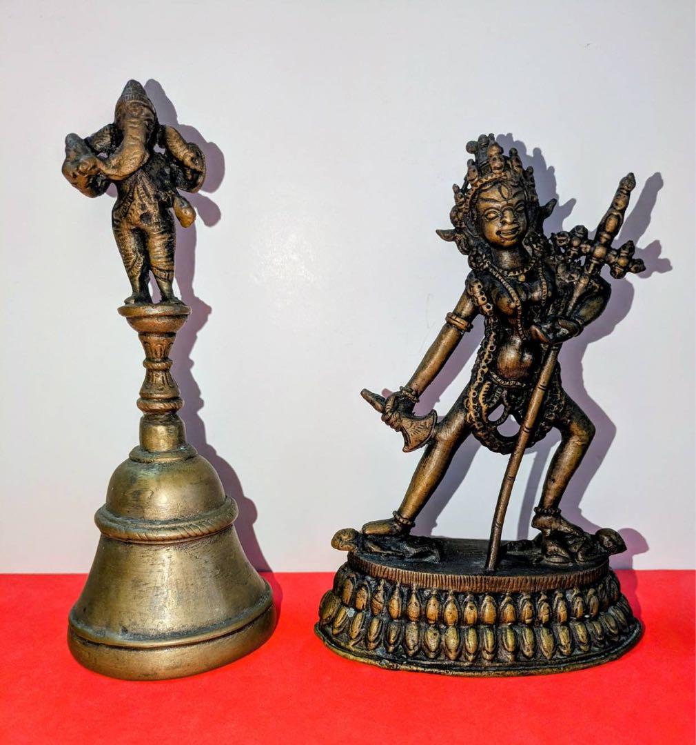 チベット仏教シヴァ神像とガネーシャ神のガンター（ベル・法具)２点まとめて