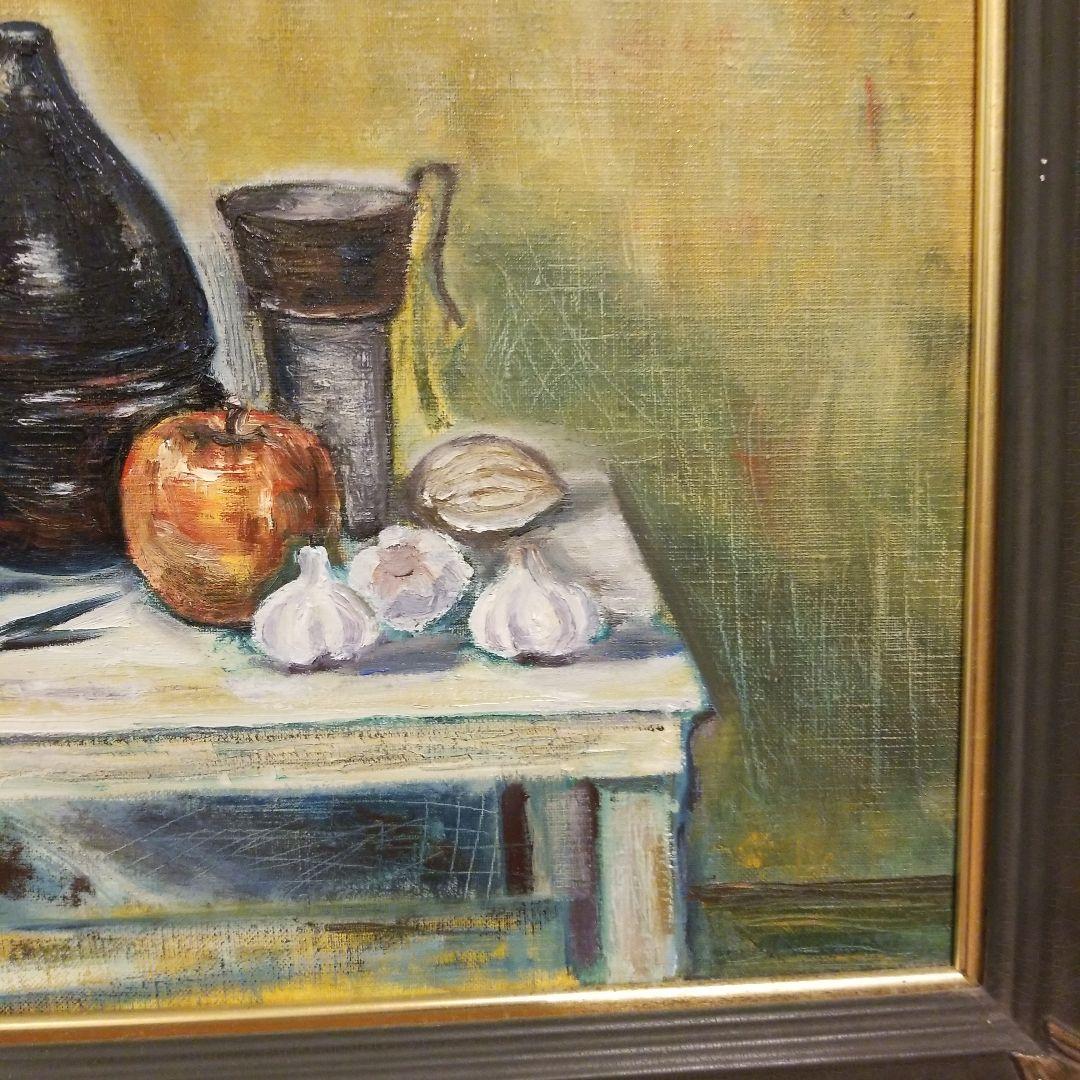 油絵 《赤い林檎のある静物》アンティークF6額付き