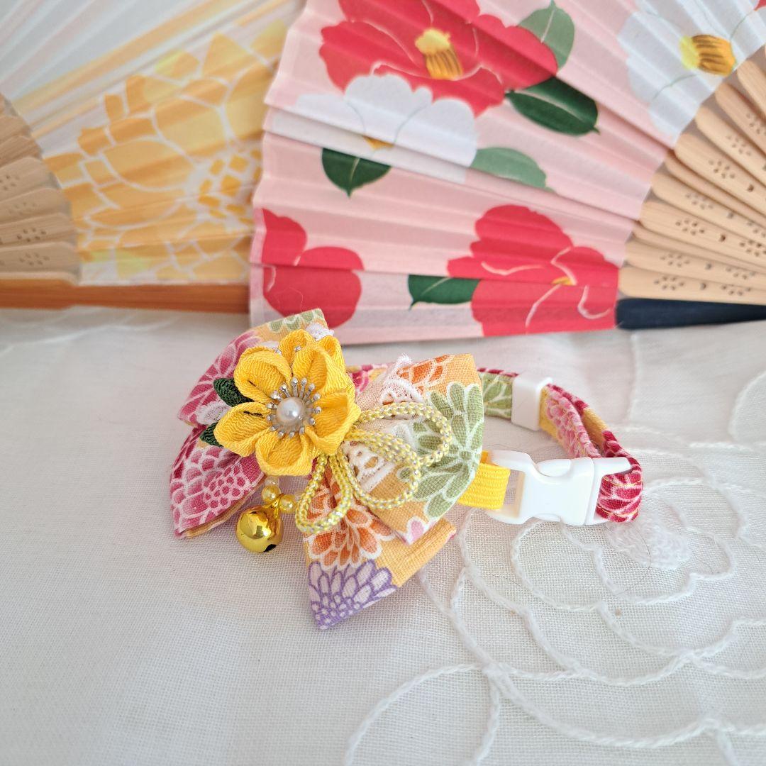 つまみ細工ダブルリボン(黄色)わんちゃん猫ちゃん用首輪